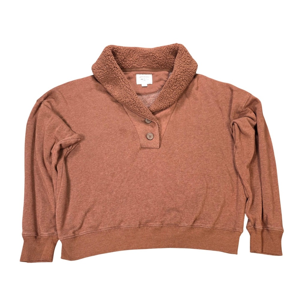 American Eagle Sherpa Shawl Collar Sweatshirt Women's Size L Brown Front Buttons